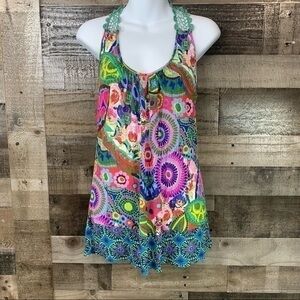 Jaloux Bright Color Abstract Print Crochet Detail Tank SZ Small Green Pink Blue